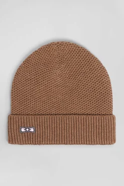 Plain camel cotton beanie with bow tie embroidery