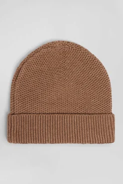 Plain camel cotton beanie with bow tie embroidery