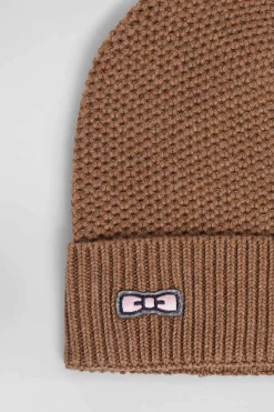 Plain camel cotton beanie with bow tie embroidery