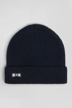 Plain navy blue cotton beanie with bow tie embroidery