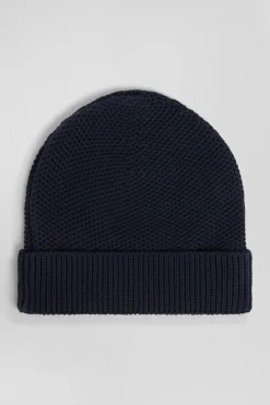 Plain navy blue cotton beanie with bow tie embroidery