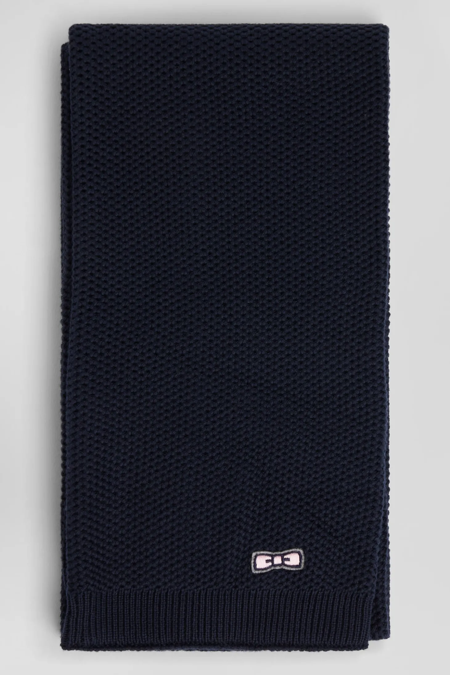 Plain navy blue cotton scarf with embroidered bow tie
