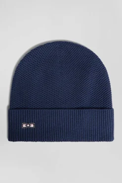 Plain navy blue knitted cotton beanie