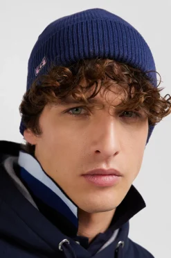 Plain navy blue knitted cotton beanie