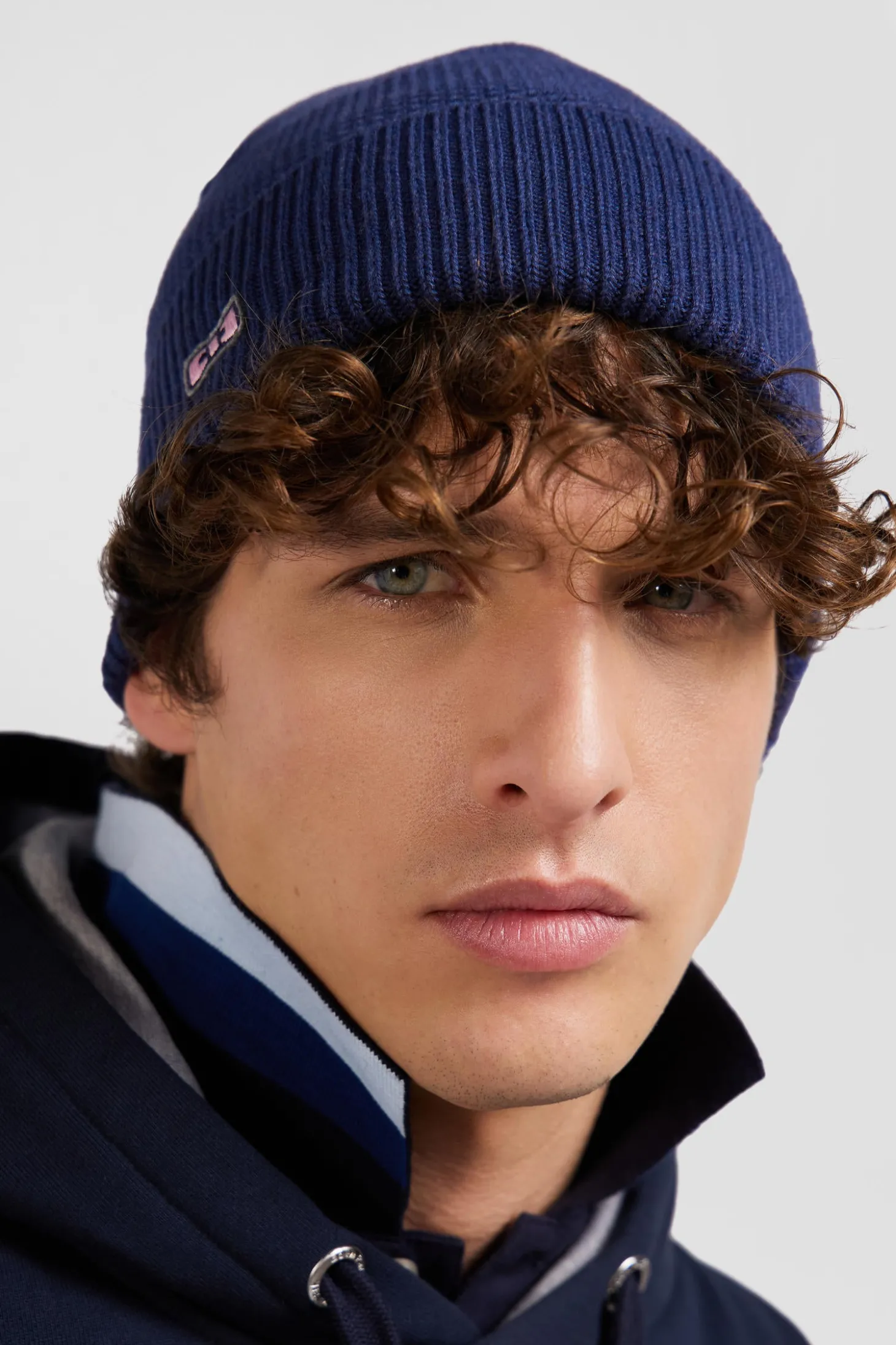 Plain navy blue knitted cotton beanie