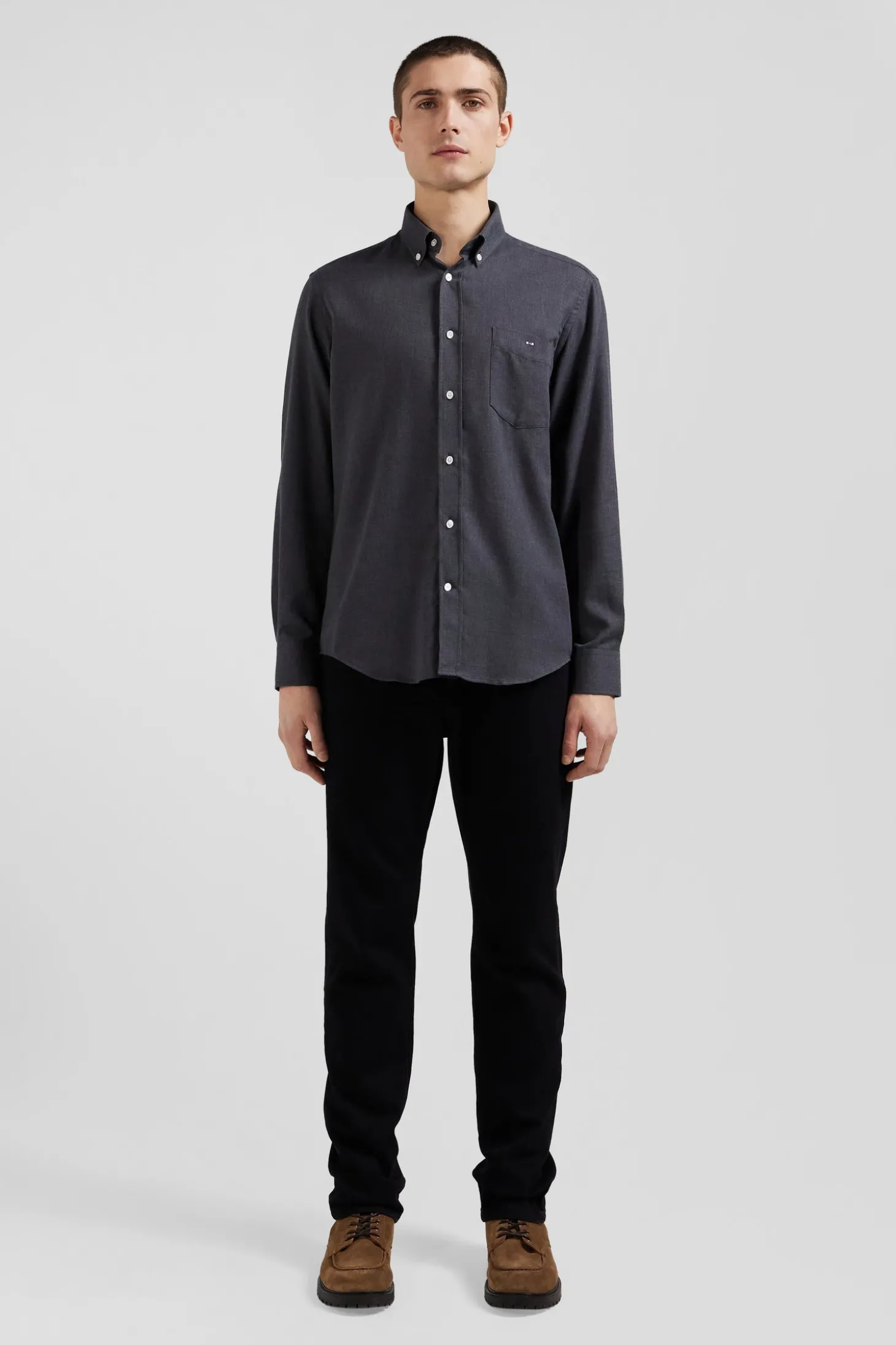 Regular anthracite grey cotton and cashmere twill shirt