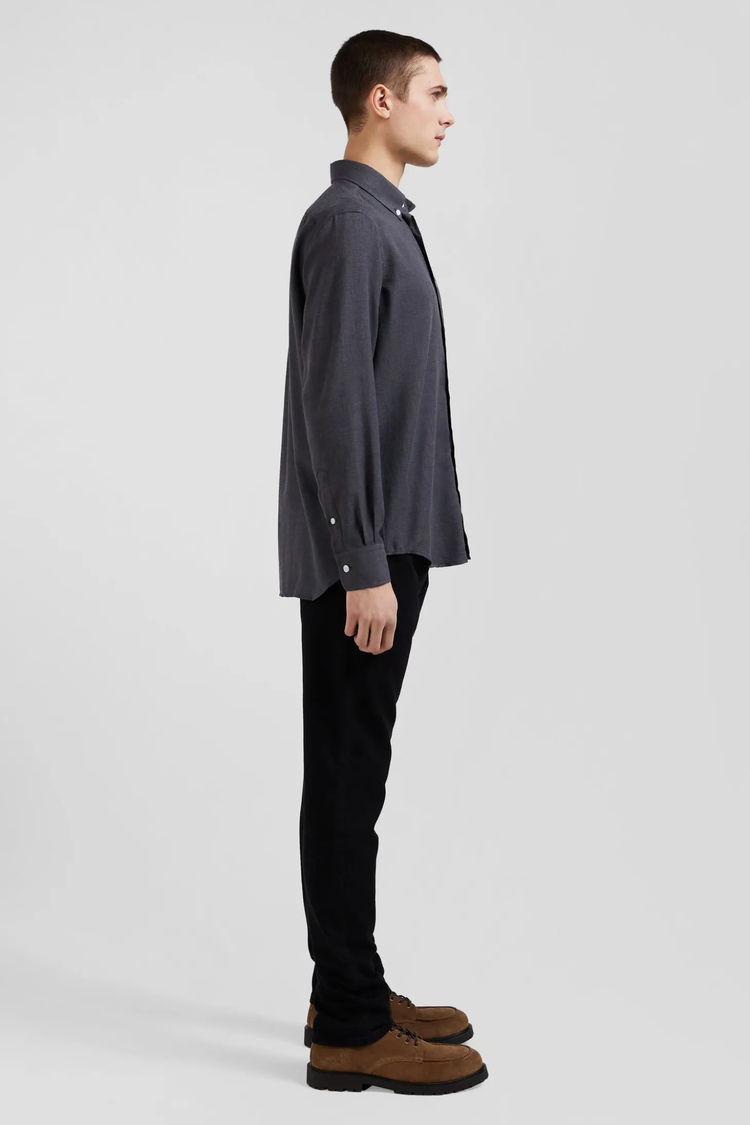 Regular anthracite grey cotton and cashmere twill shirt