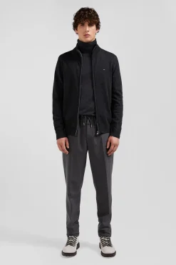 Regular anthracite grey plain wool and cotton zipped cardigan