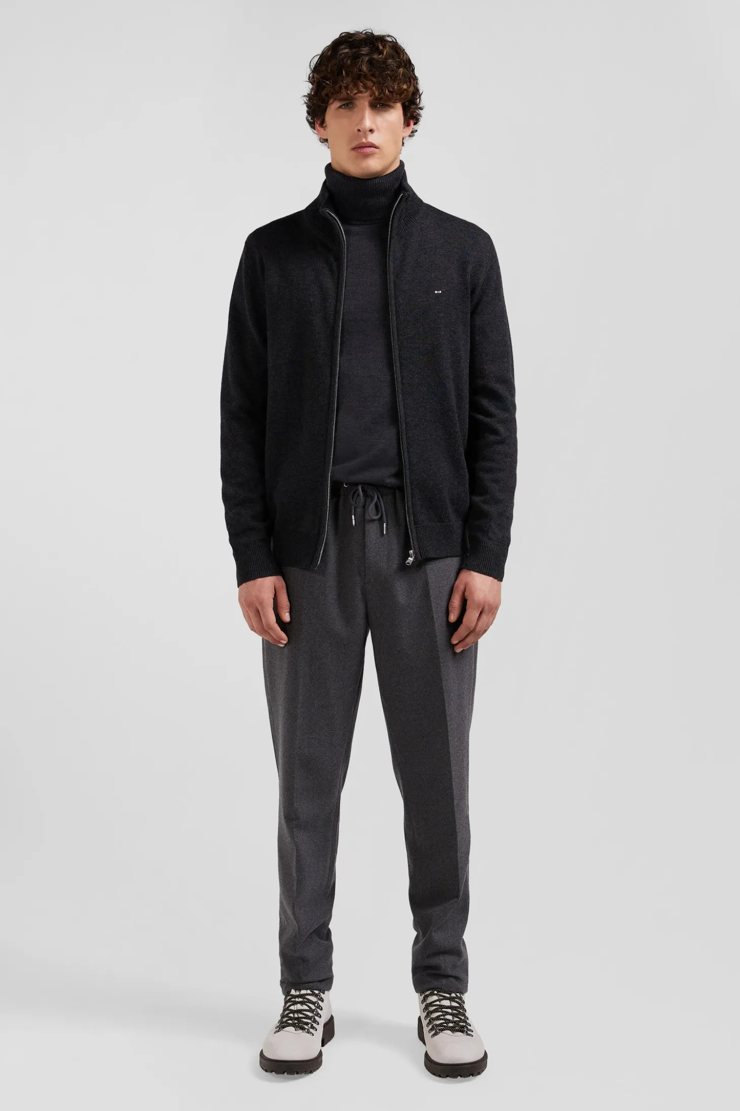 Regular anthracite grey plain wool and cotton zipped cardigan