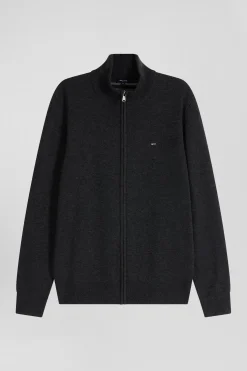 Regular anthracite grey plain wool and cotton zipped cardigan