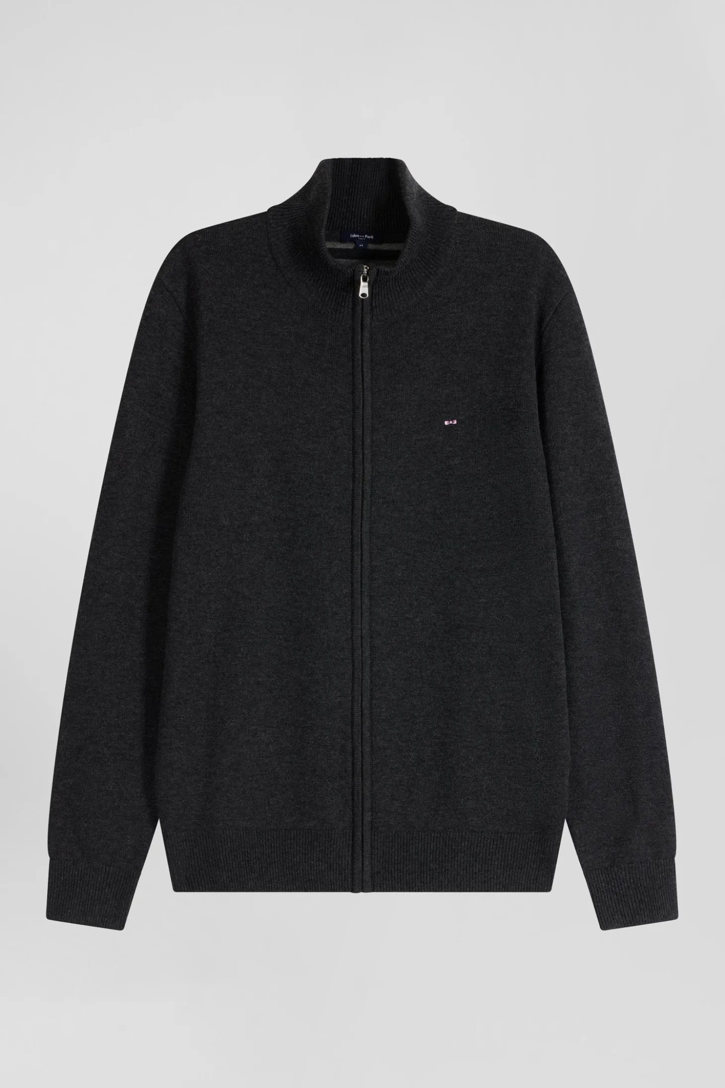 Regular anthracite grey plain wool and cotton zipped cardigan