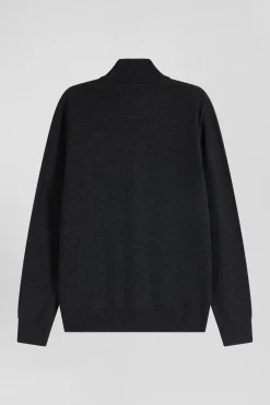 Regular anthracite grey plain wool and cotton zipped cardigan