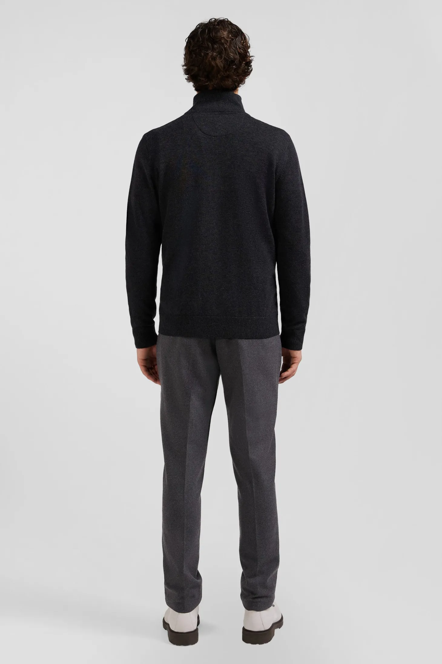 Regular anthracite grey plain wool and cotton zipped cardigan