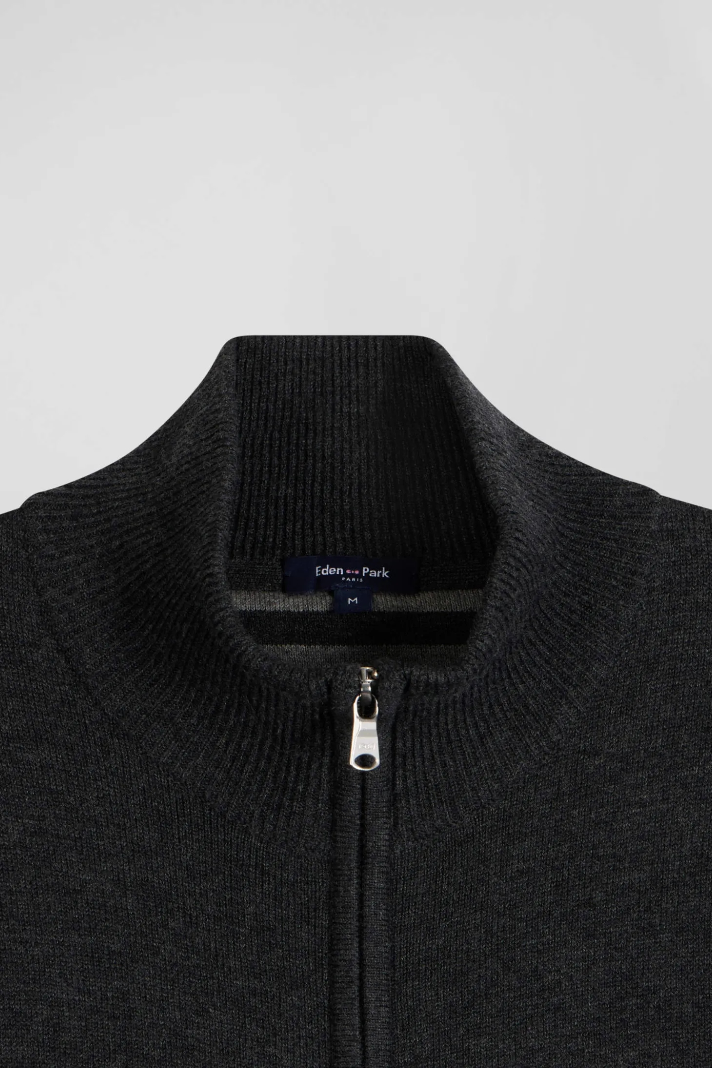 Regular anthracite grey plain wool and cotton zipped cardigan