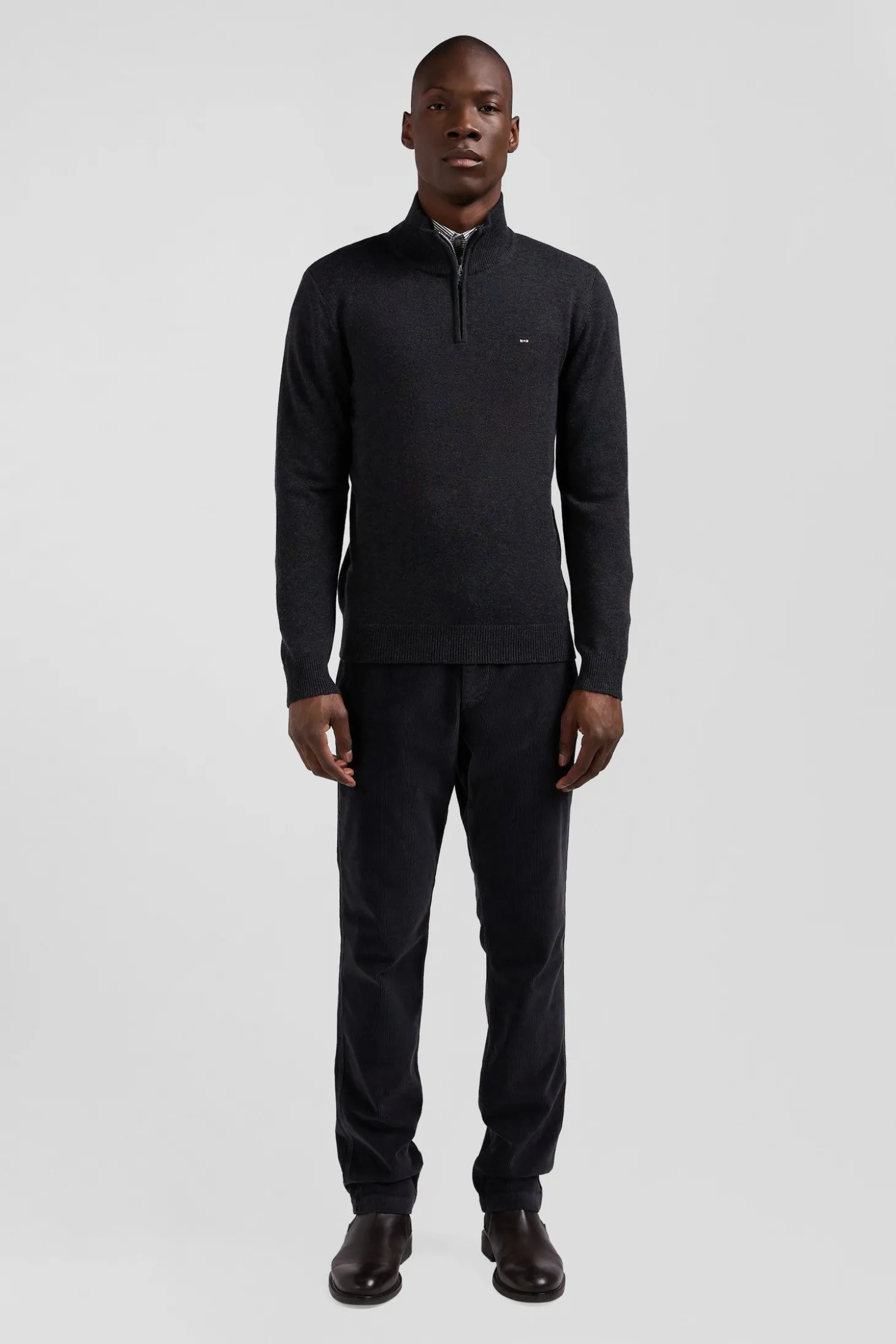Regular anthracite grey semi-zipped wool and cotton jumper