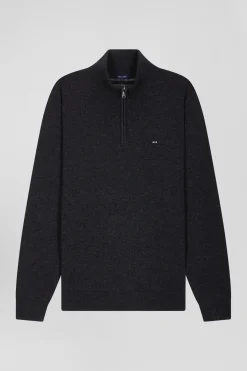 Regular anthracite grey semi-zipped wool and cotton jumper
