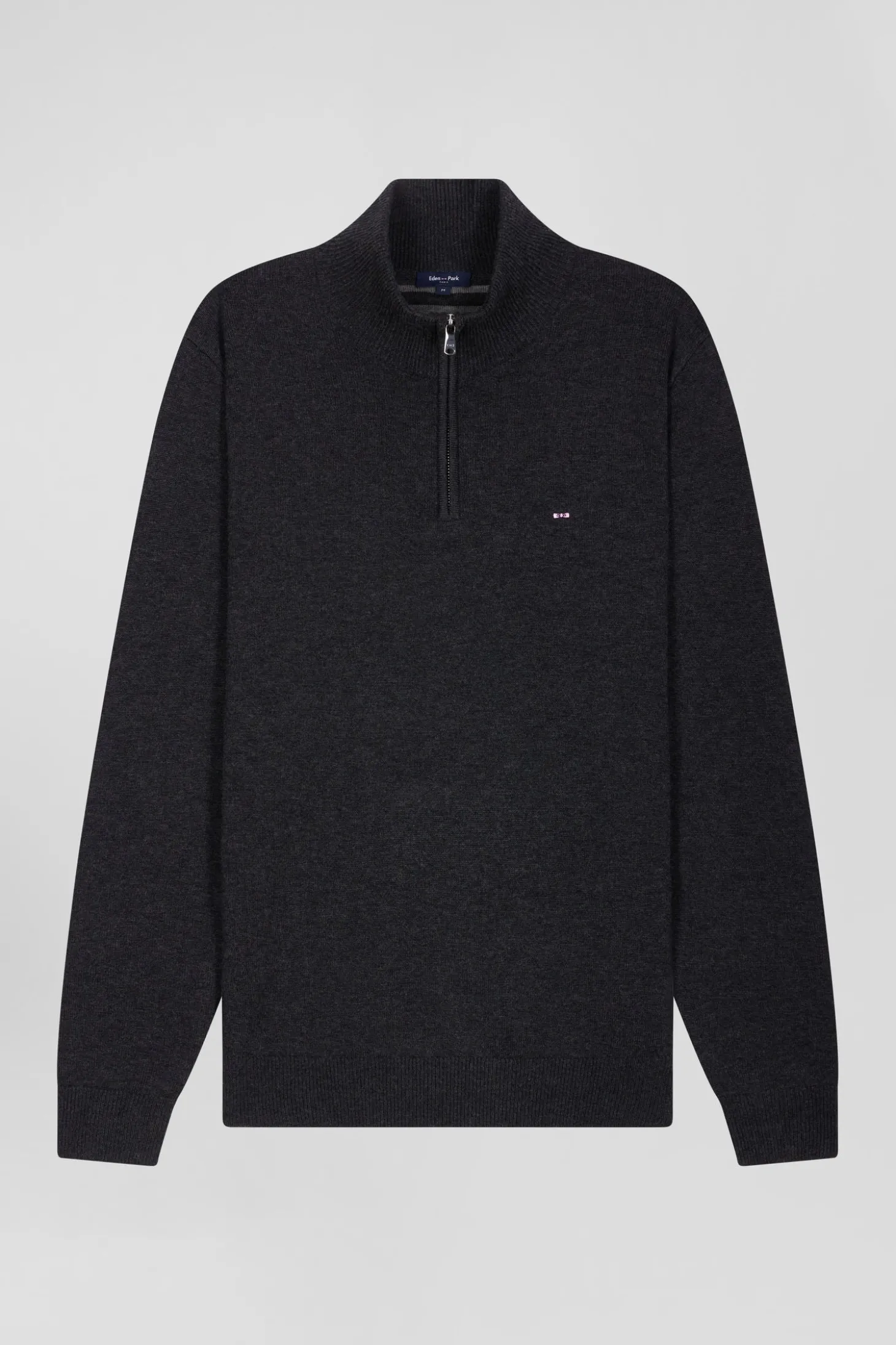 Regular anthracite grey semi-zipped wool and cotton jumper