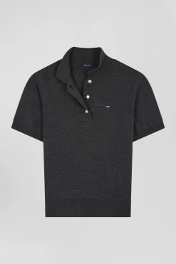 Regular anthracite grey short-sleeved wool polo neck jumper
