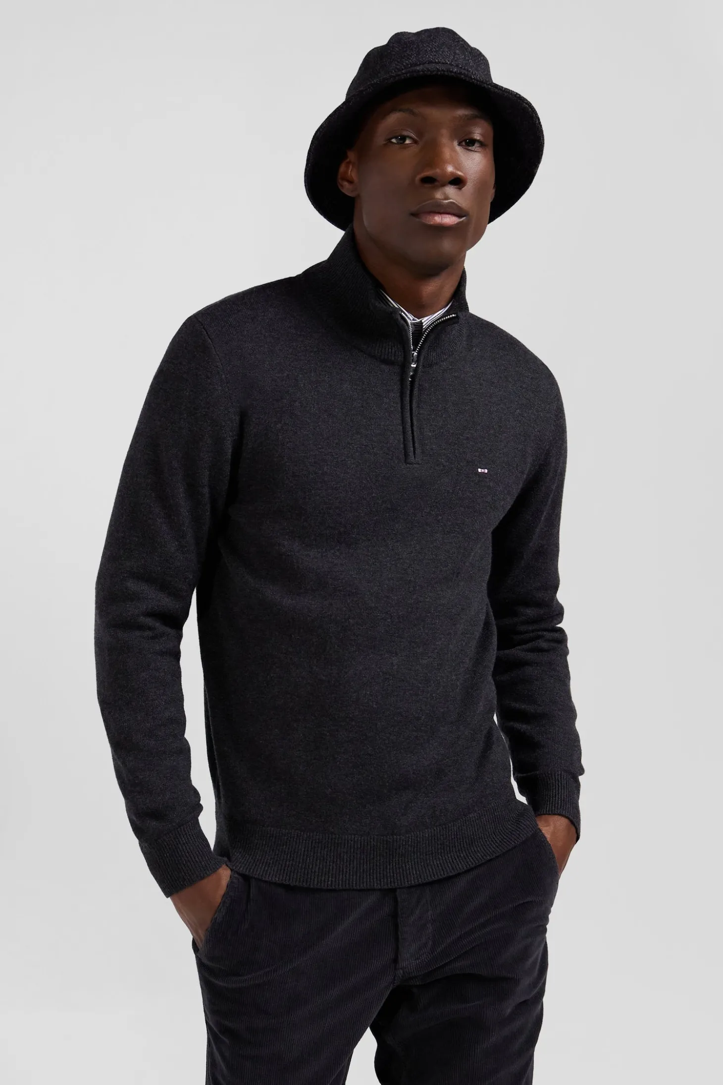 Regular anthracite grey semi-zipped wool and cotton jumper