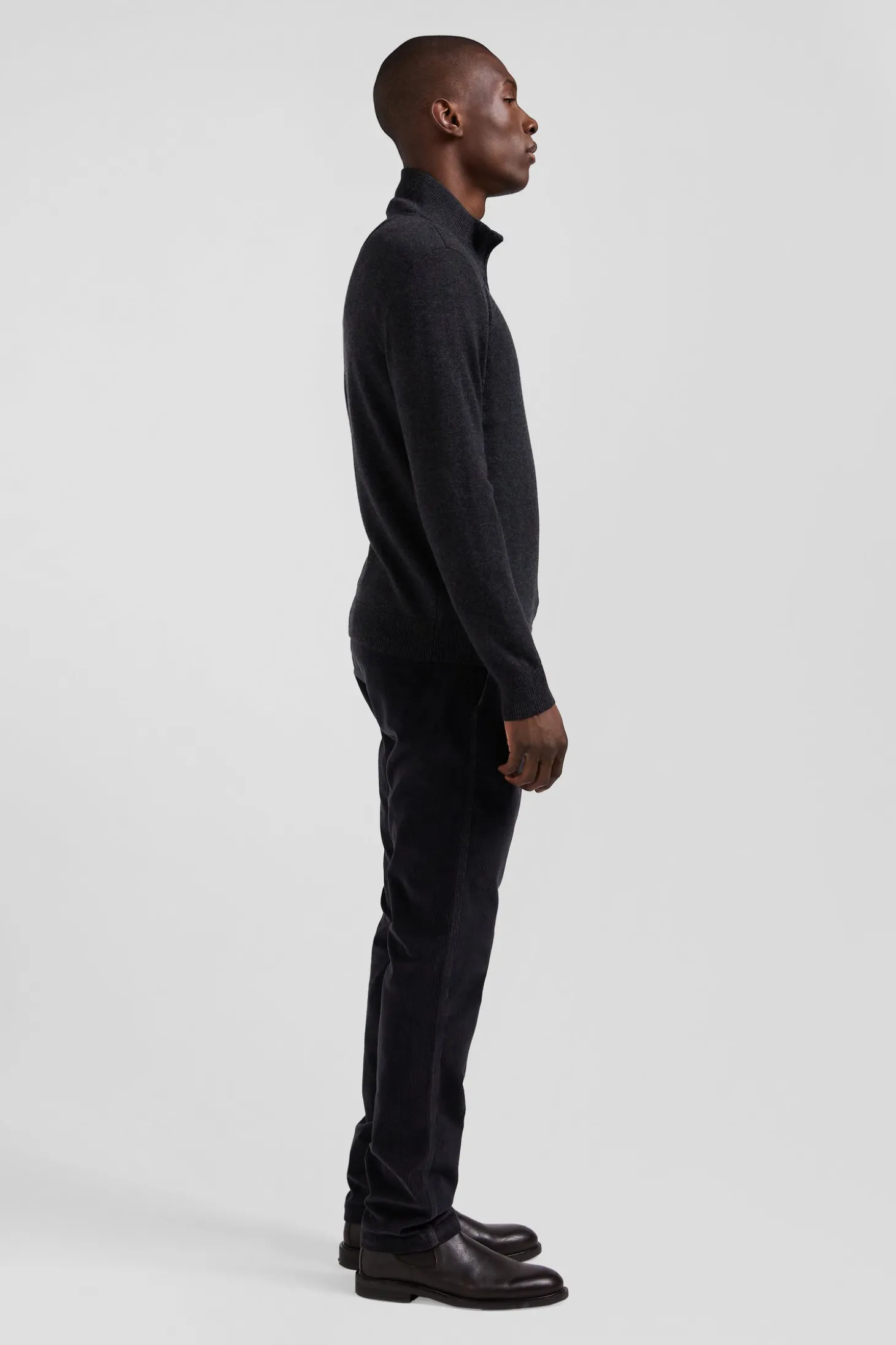 Regular anthracite grey semi-zipped wool and cotton jumper