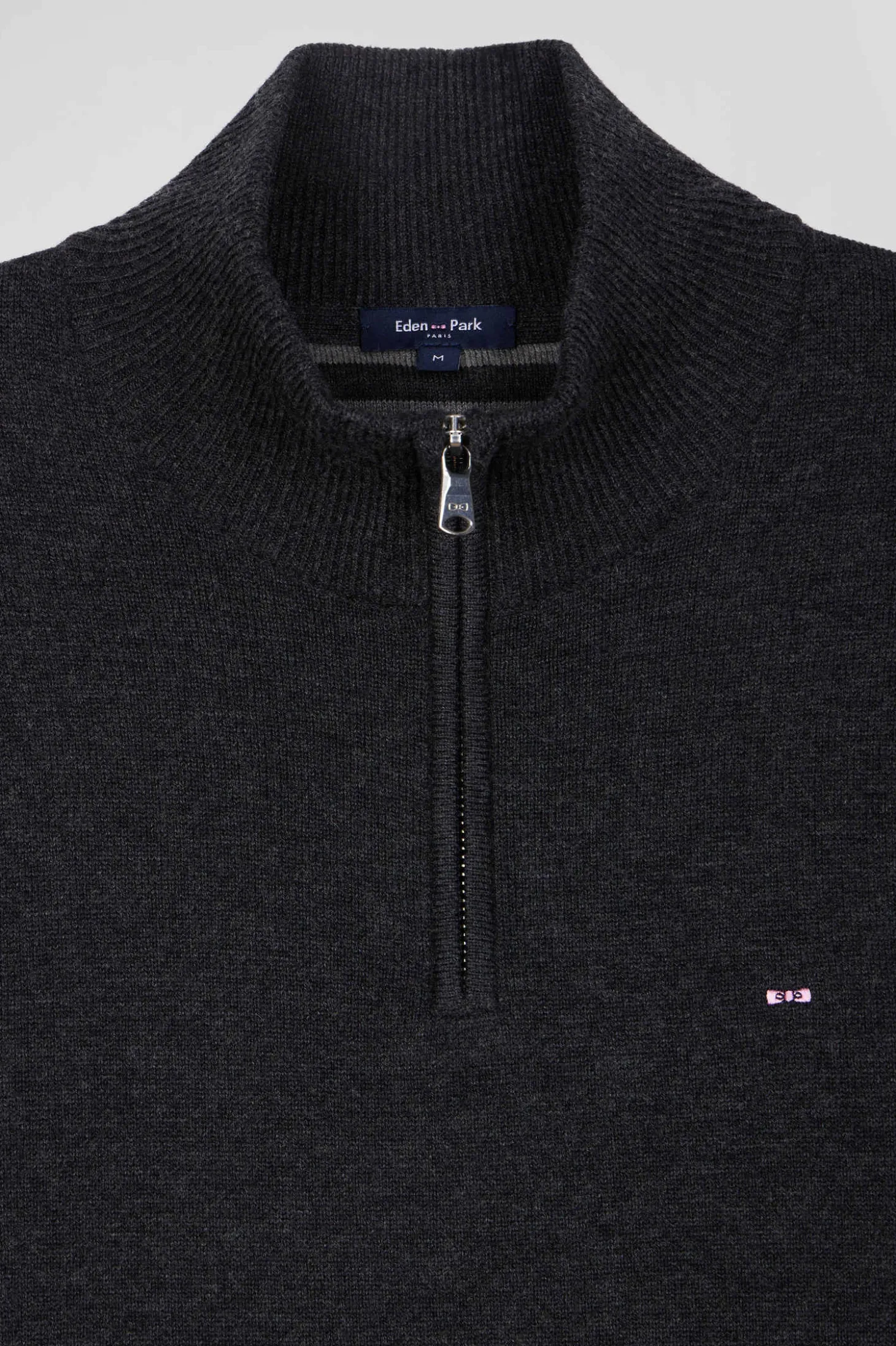 Regular anthracite grey semi-zipped wool and cotton jumper