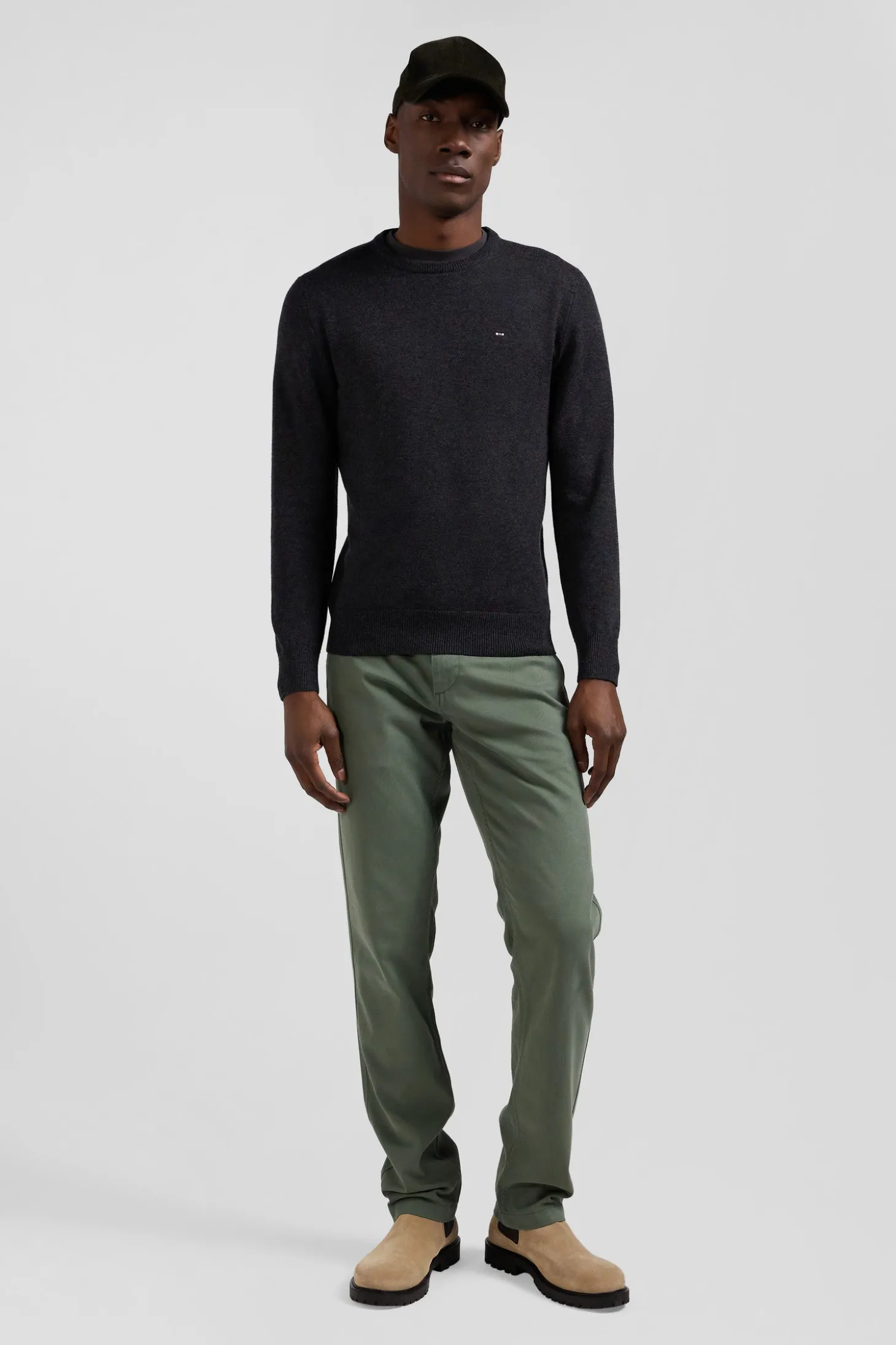 Regular anthracite grey wool and cotton crew neck jumper