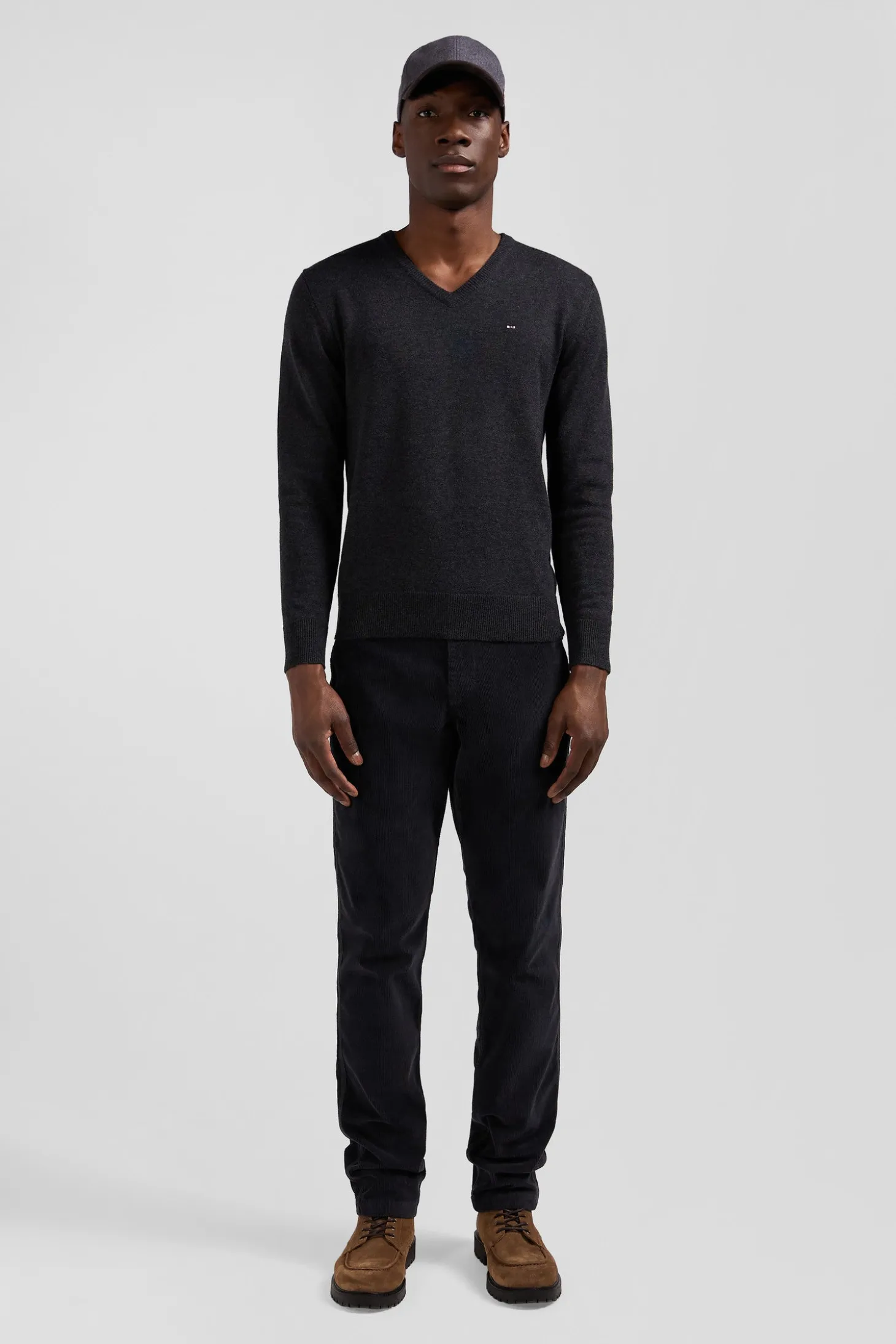 Regular anthracite grey wool and cotton V-neck jumper with striped details