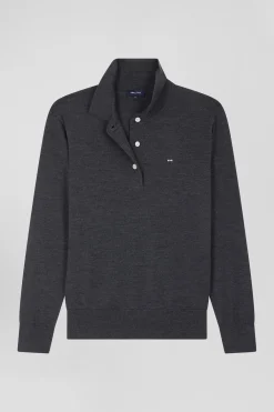 Regular anthracite grey women's wool jumper with rugby shirt collar