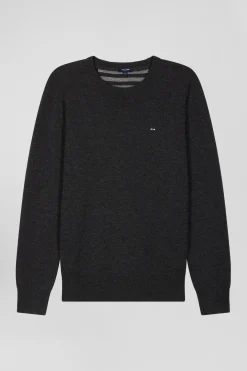Regular anthracite grey wool and cotton crew neck jumper