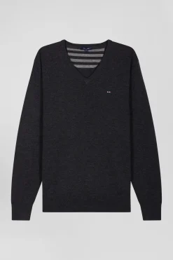 Regular anthracite grey wool and cotton V-neck jumper with striped details