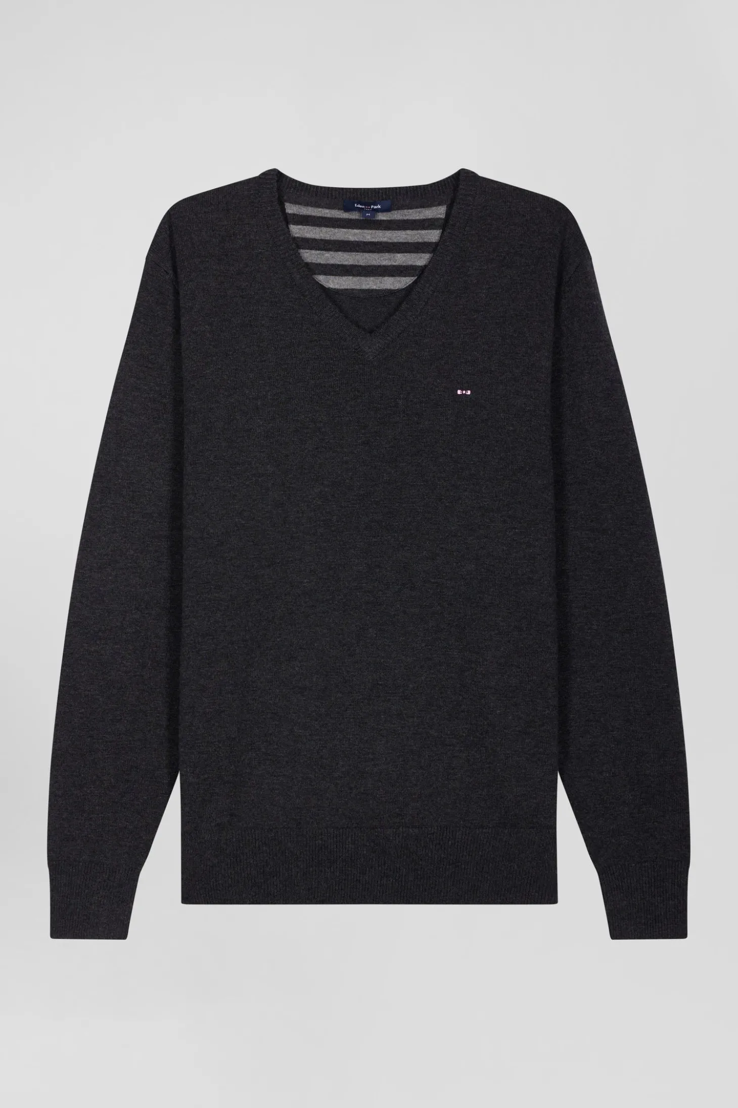 Regular anthracite grey wool and cotton V-neck jumper with striped details