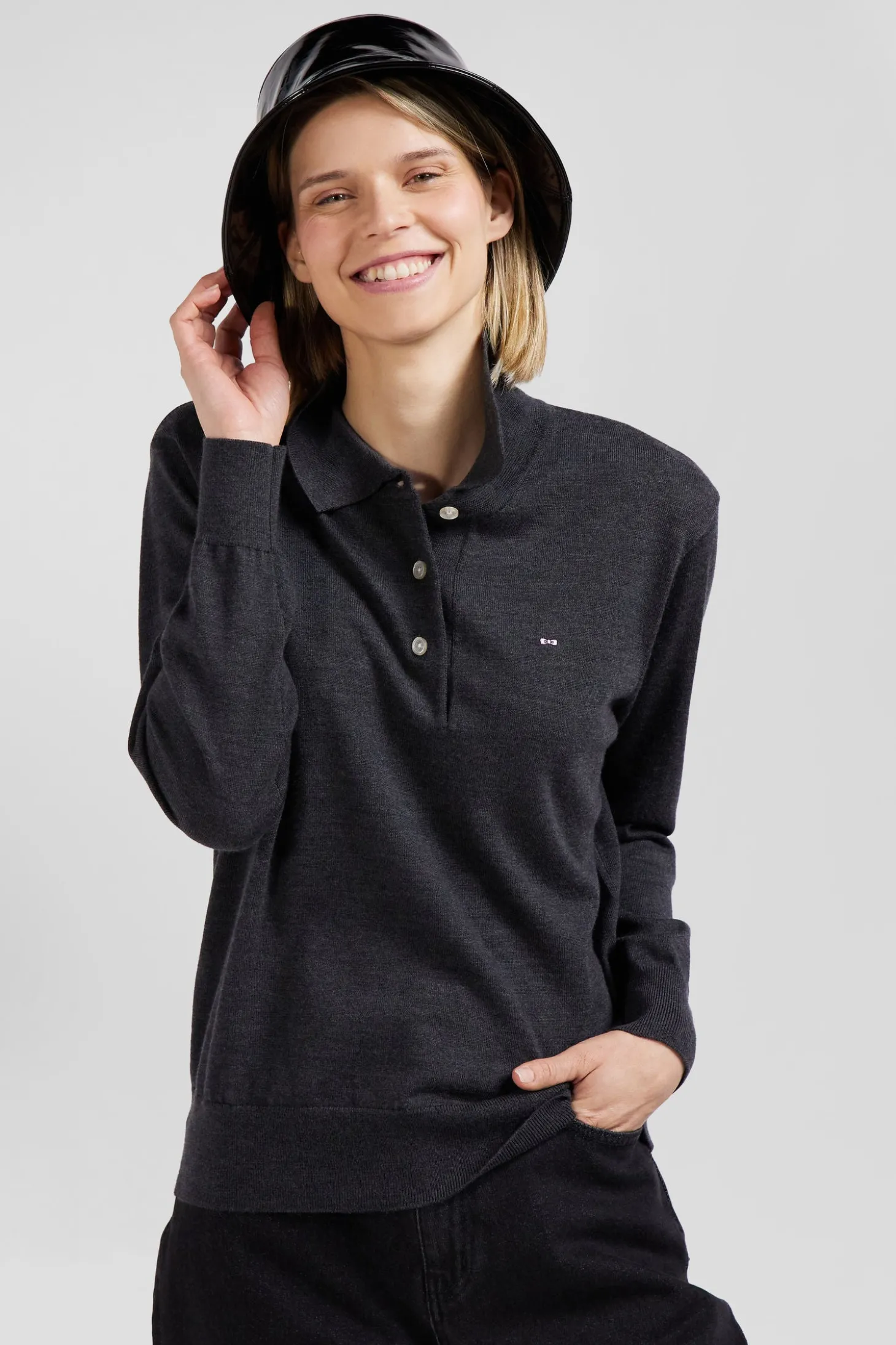 Regular anthracite grey women's wool jumper with rugby shirt collar