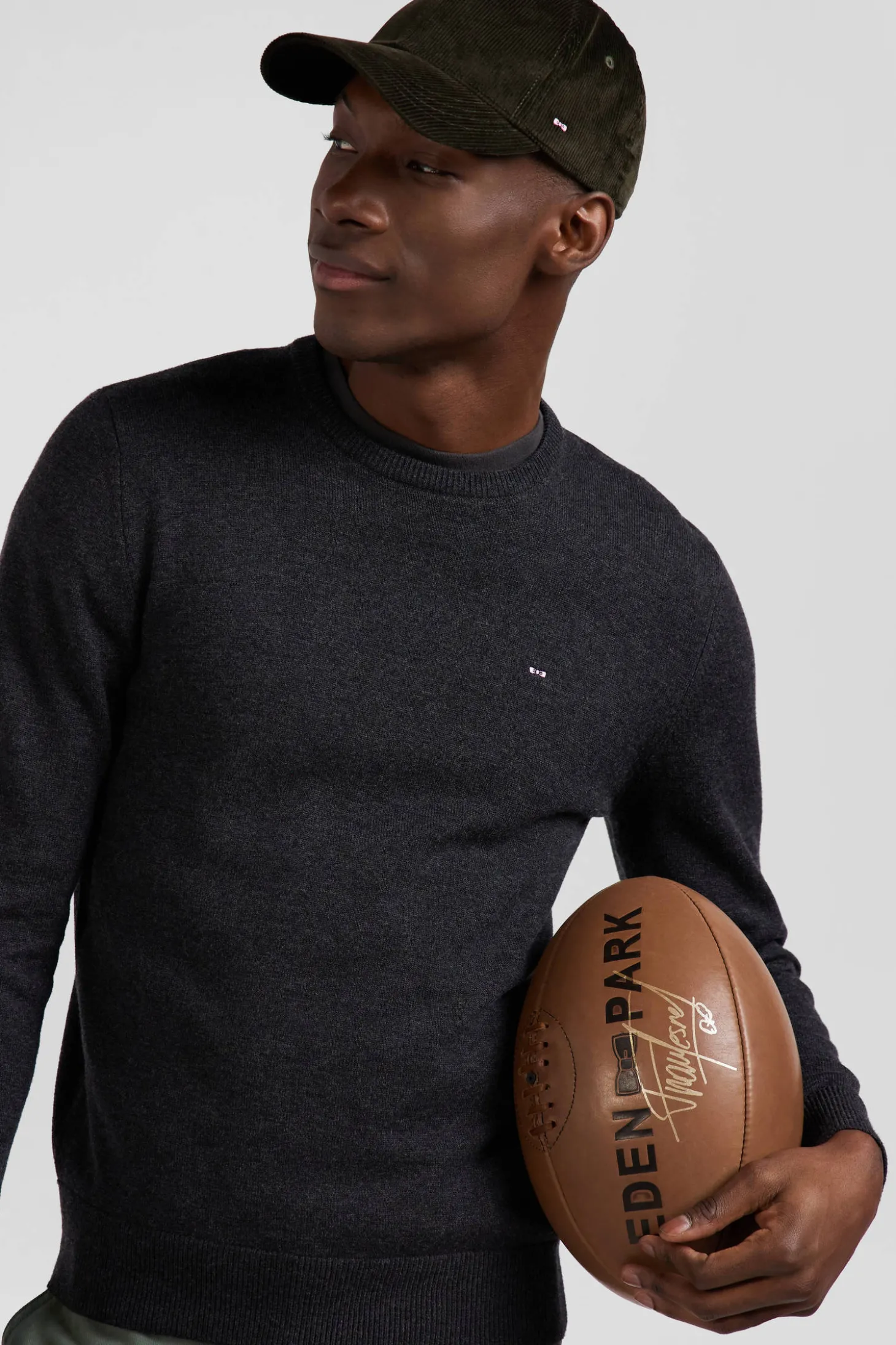 Regular anthracite grey wool and cotton crew neck jumper