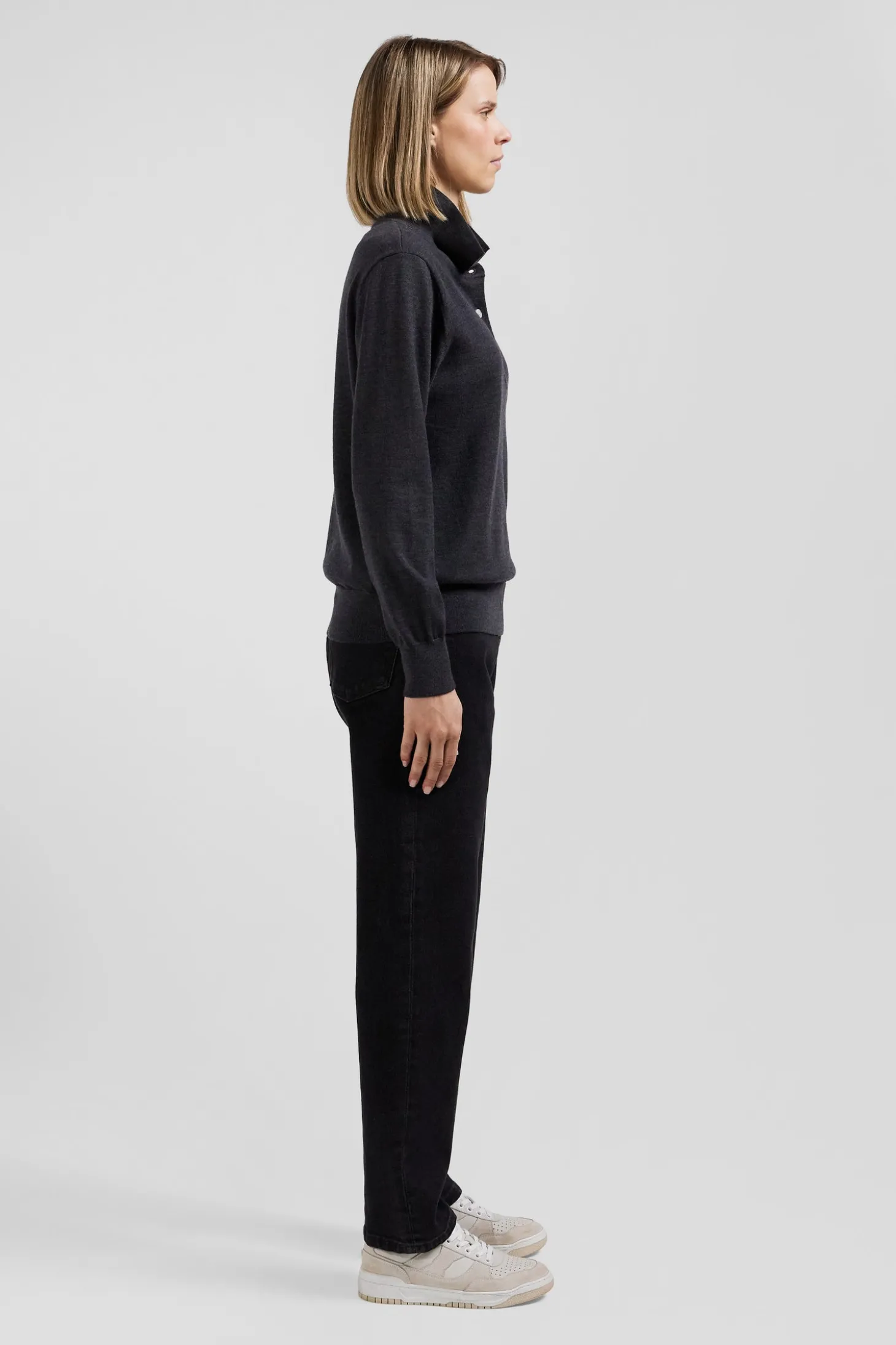Regular anthracite grey women's wool jumper with rugby shirt collar