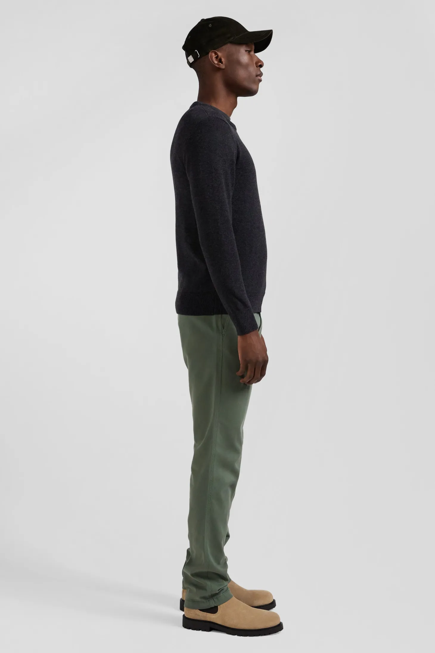 Regular anthracite grey wool and cotton crew neck jumper