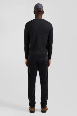Regular anthracite grey wool and cotton V-neck jumper with striped details