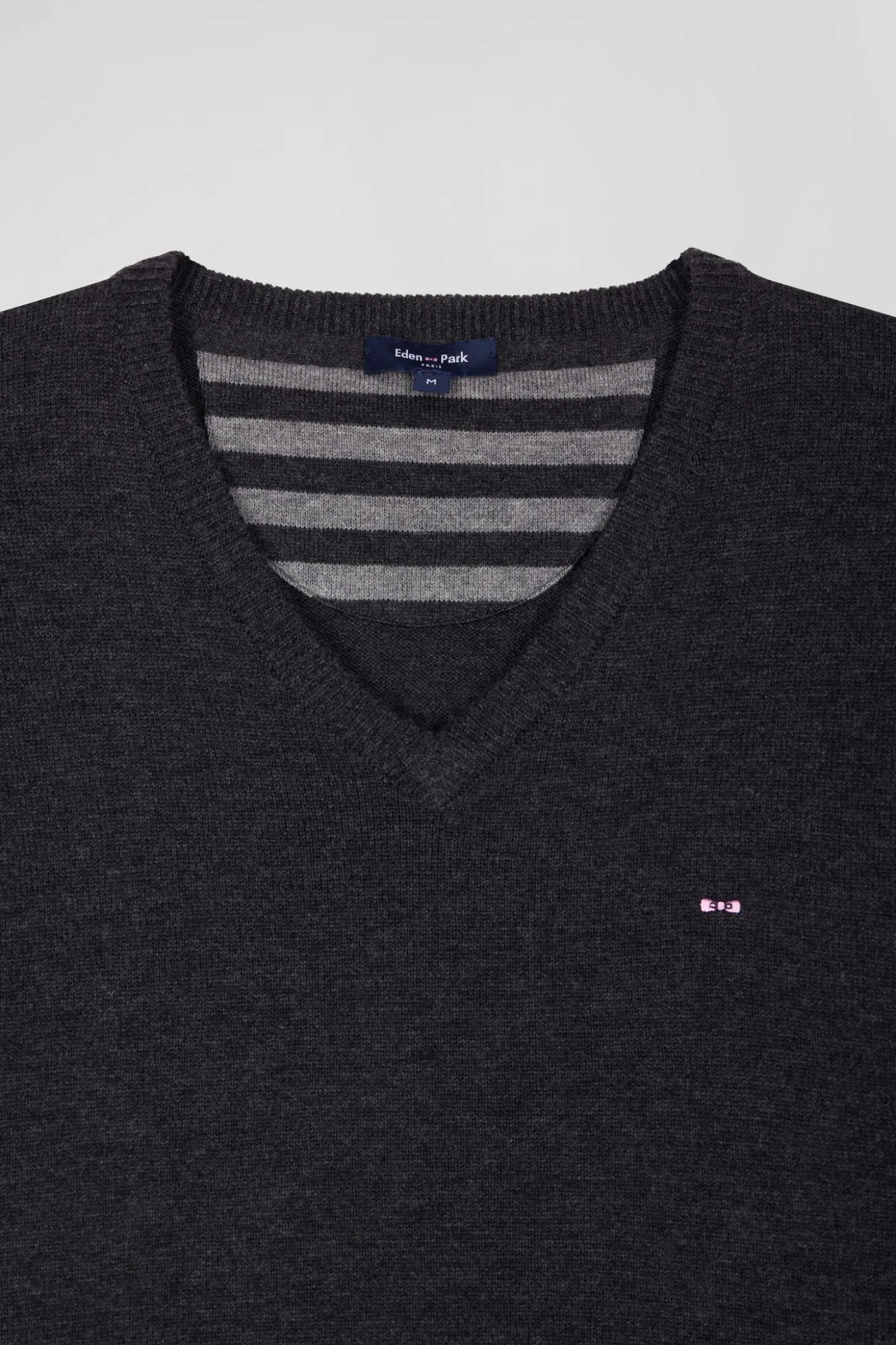 Regular anthracite grey wool and cotton V-neck jumper with striped details
