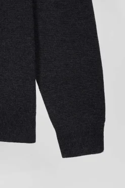 Regular anthracite grey wool and cotton V-neck jumper with striped details