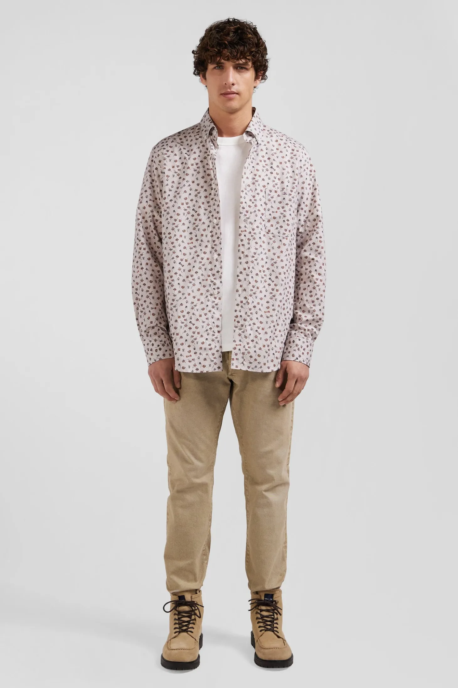Regular beige cotton poplin shirt with microprint