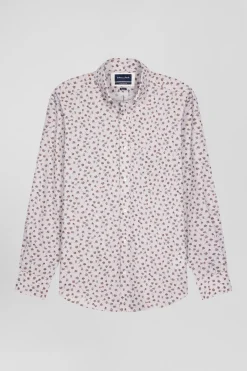 Regular beige cotton poplin shirt with microprint