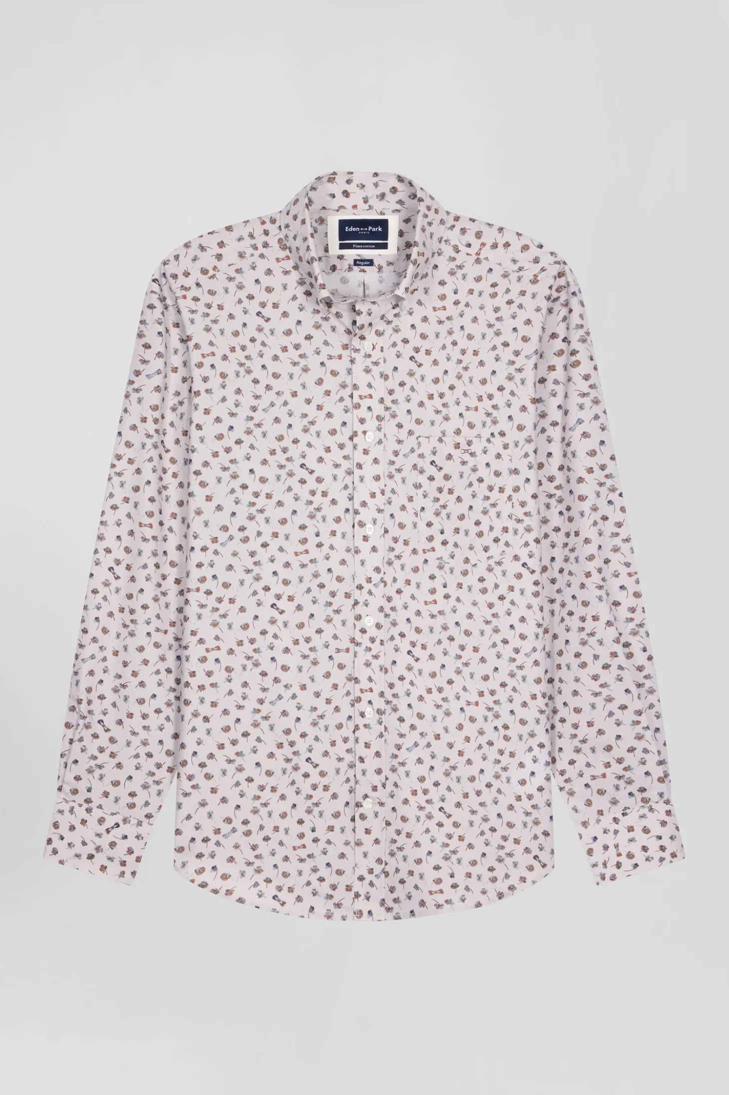 Regular beige cotton poplin shirt with microprint