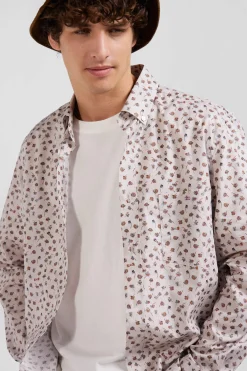 Regular beige cotton poplin shirt with microprint