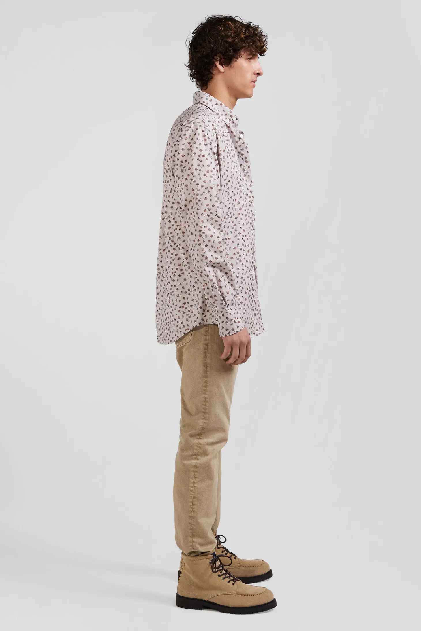 Regular beige cotton poplin shirt with microprint