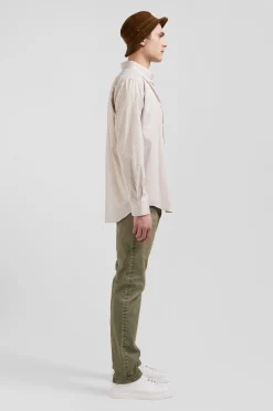 Regular beige cotton poplin shirt with baton stripes