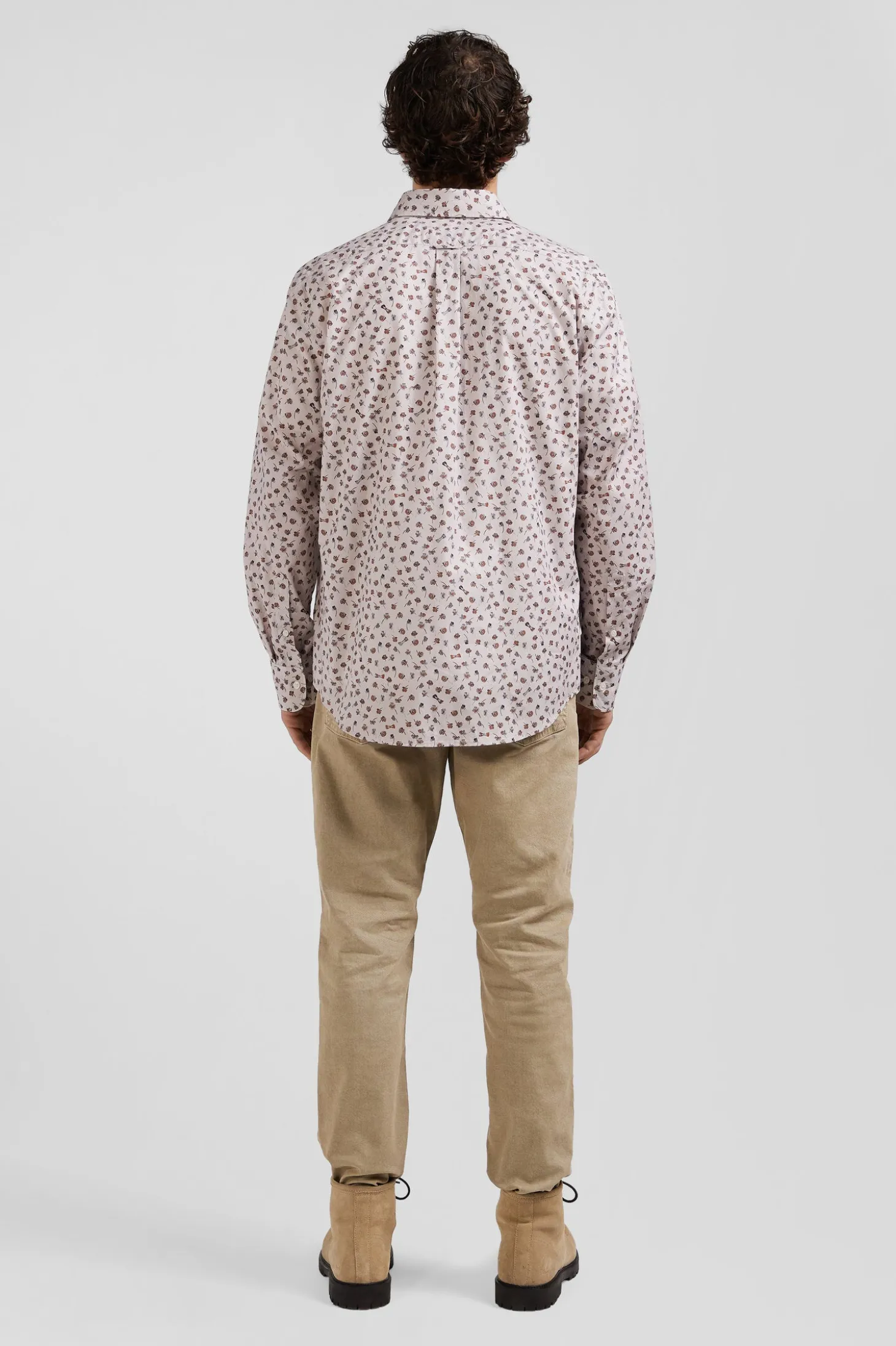 Regular beige cotton poplin shirt with microprint