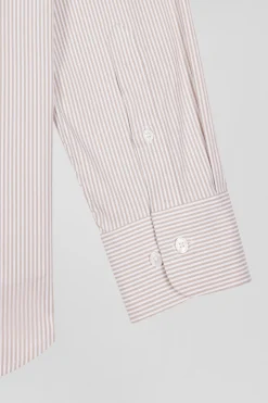Regular beige cotton poplin shirt with baton stripes