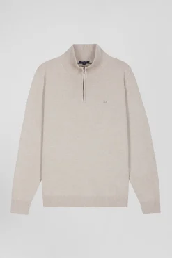 Regular beige semi-zipped wool and cotton jumper