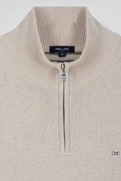 Regular beige semi-zipped wool and cotton jumper