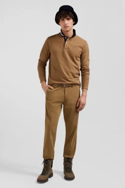 Regular beige stretch cotton piqué and modal chino trousers