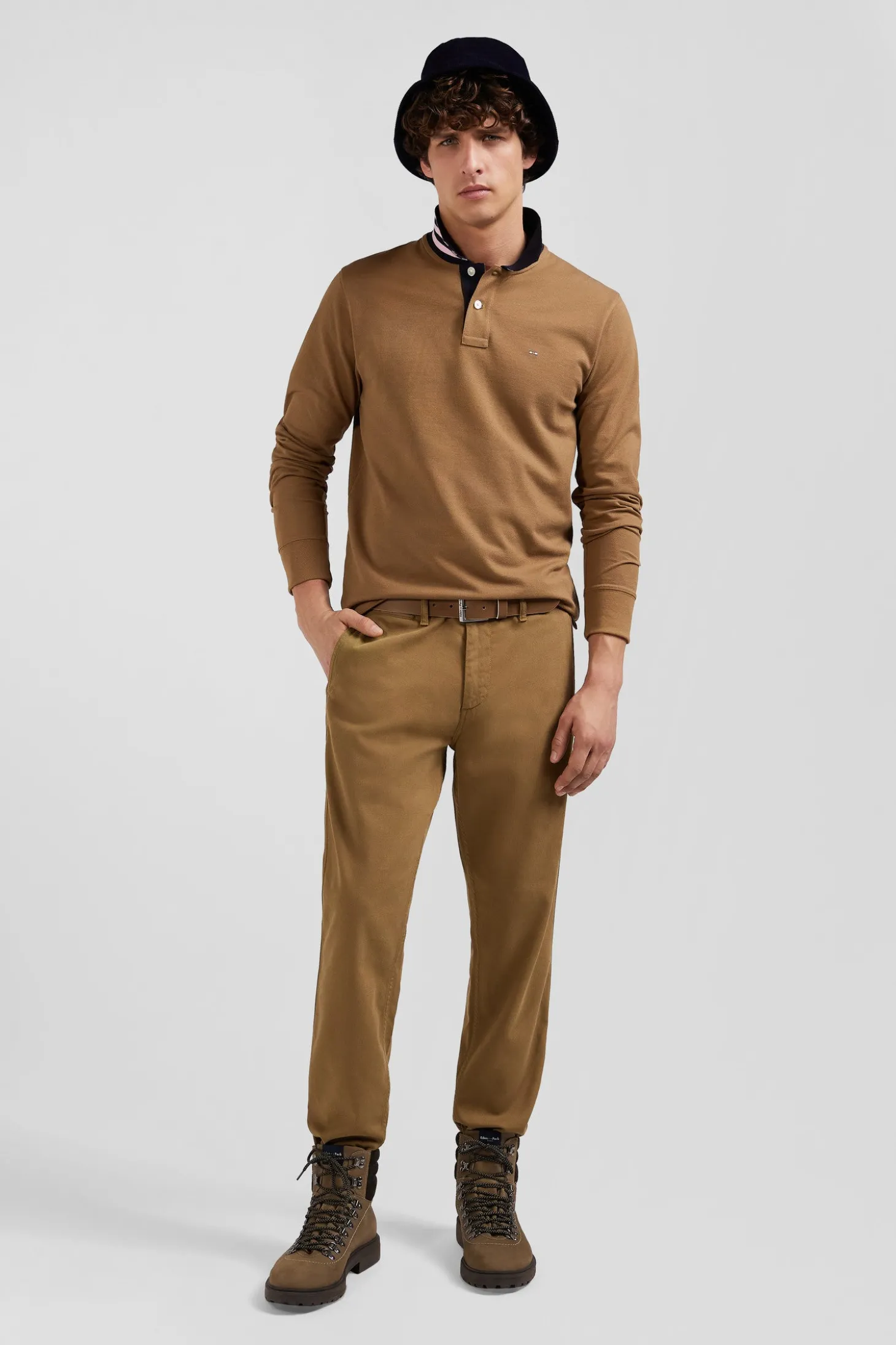 Regular beige stretch cotton piqué and modal chino trousers